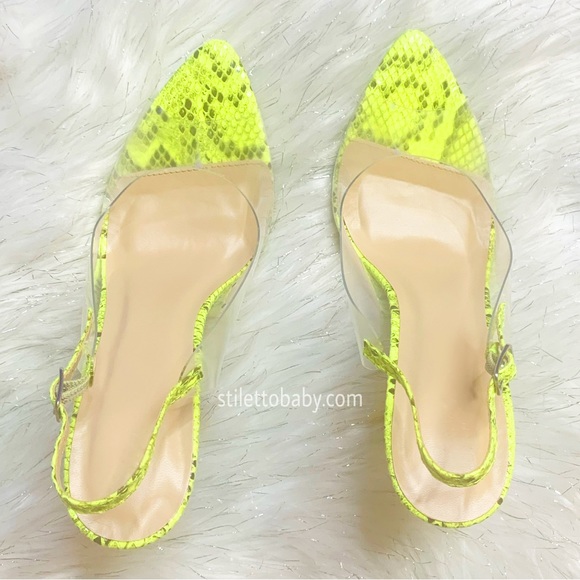 NEW CLEAR NEON YELLOW GREEN SNAKE HIGH HEELS POINTED STRAP PEEP TOE WOMENS CUTE - Picture 4 of 5